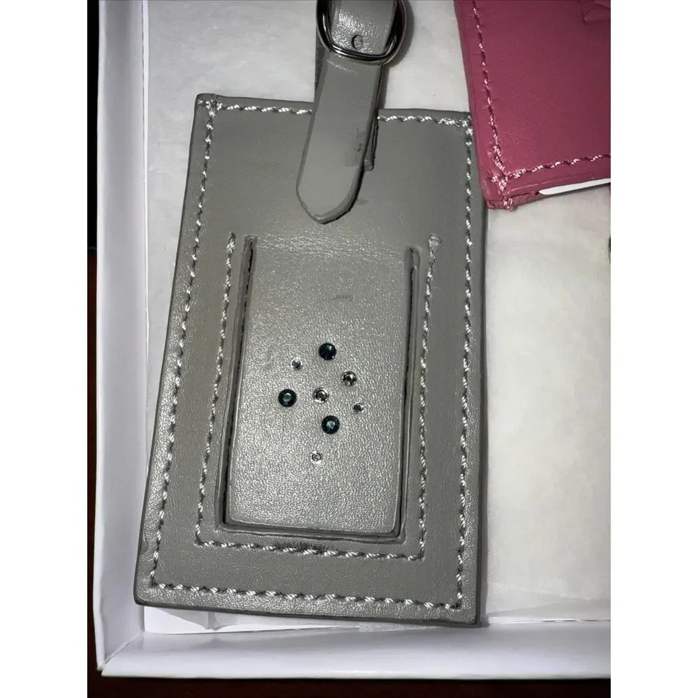 SWAROVSKI Leather Luggage Tags Set of 2 (Gray & Pink) with Box